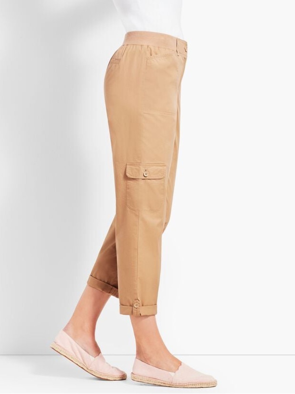 Talbots Poplin Relaxed Khaki Crop Cargo Trousers - Size 12 P‎